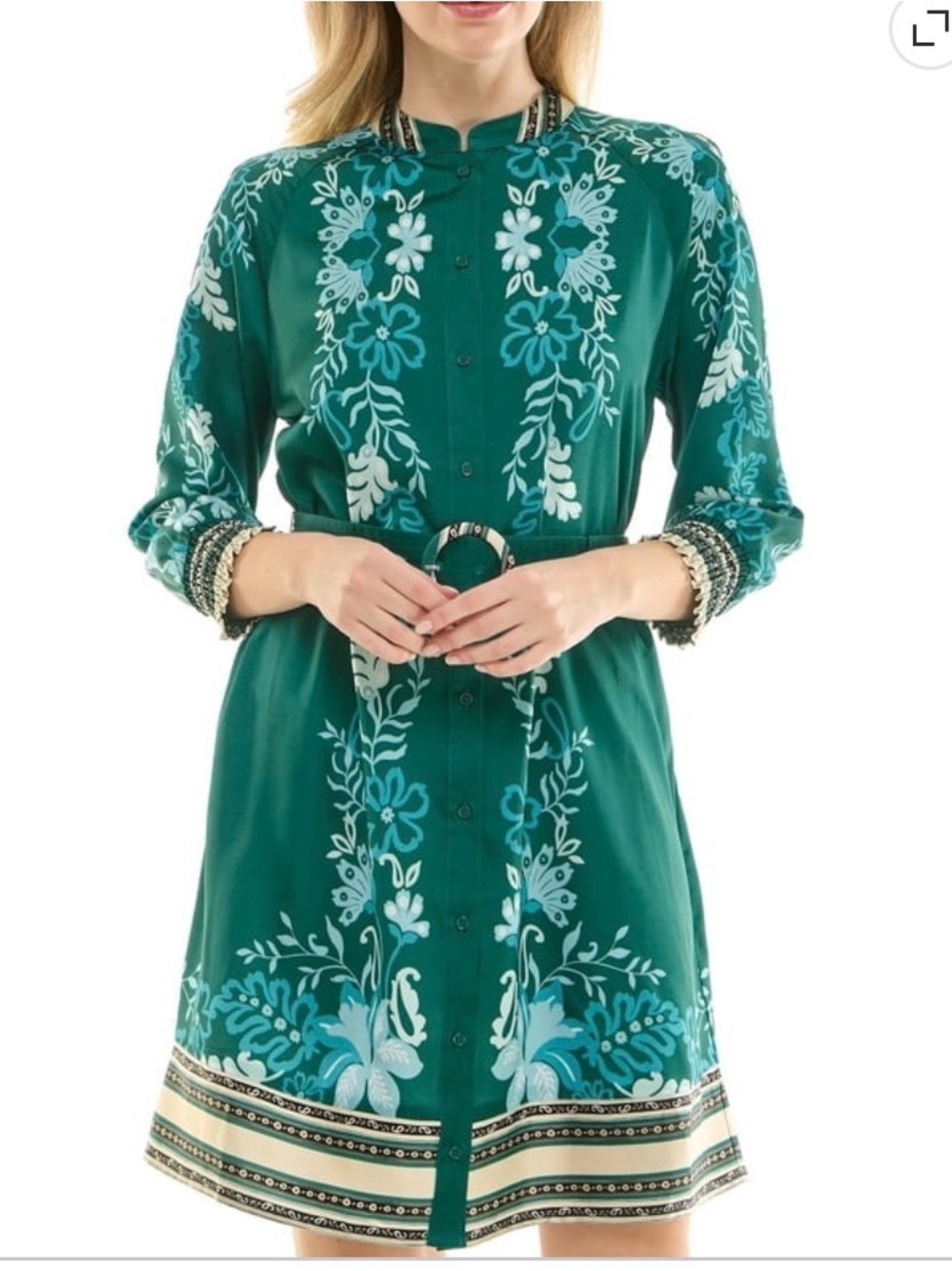 NWT Nanette Lepore Women’s XL Green Floral Mirror Print Belted Shirt Dress